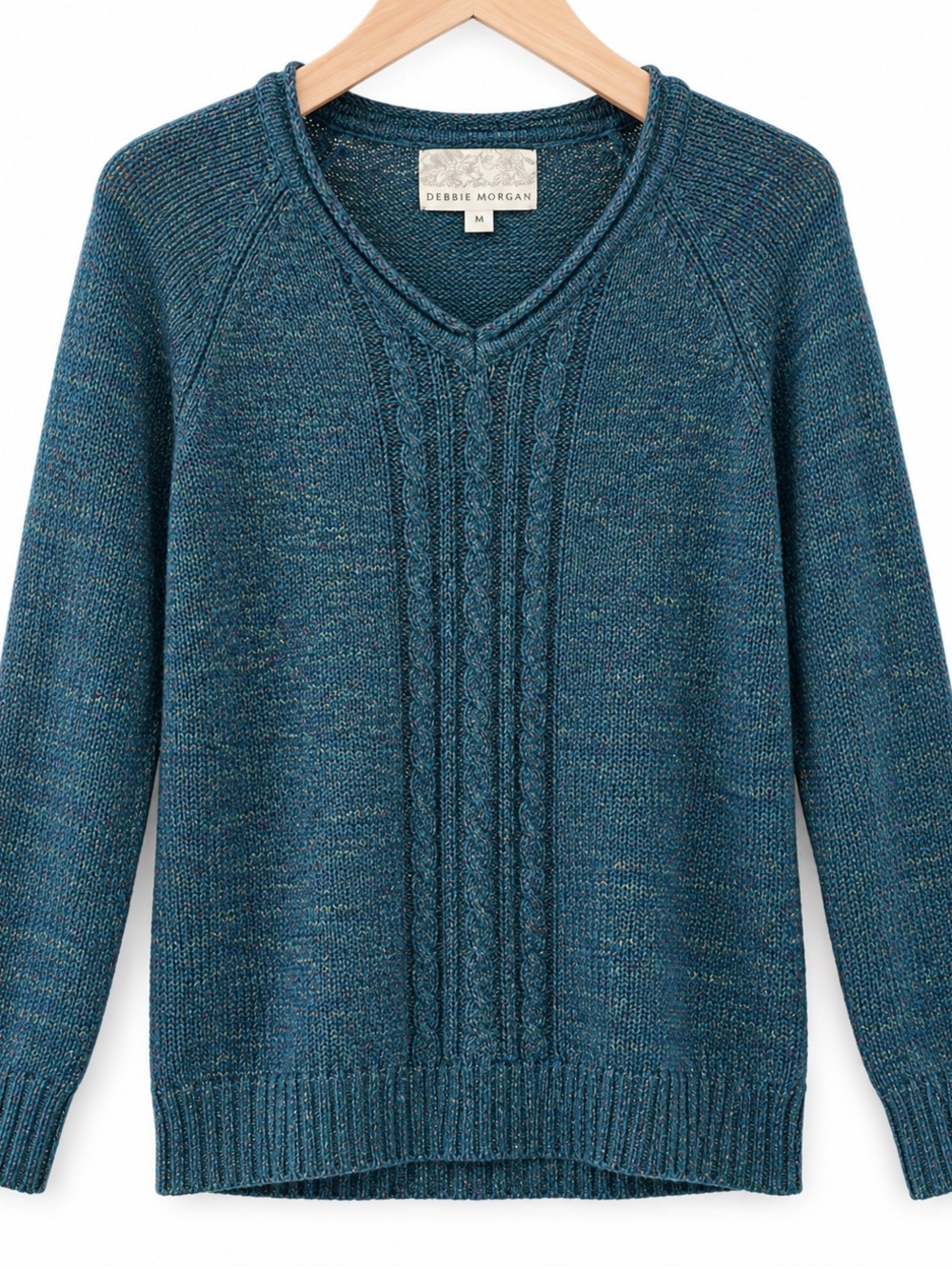 Debbie Morgan Teal Flecked Cable Knit V Neck Sweater Size M